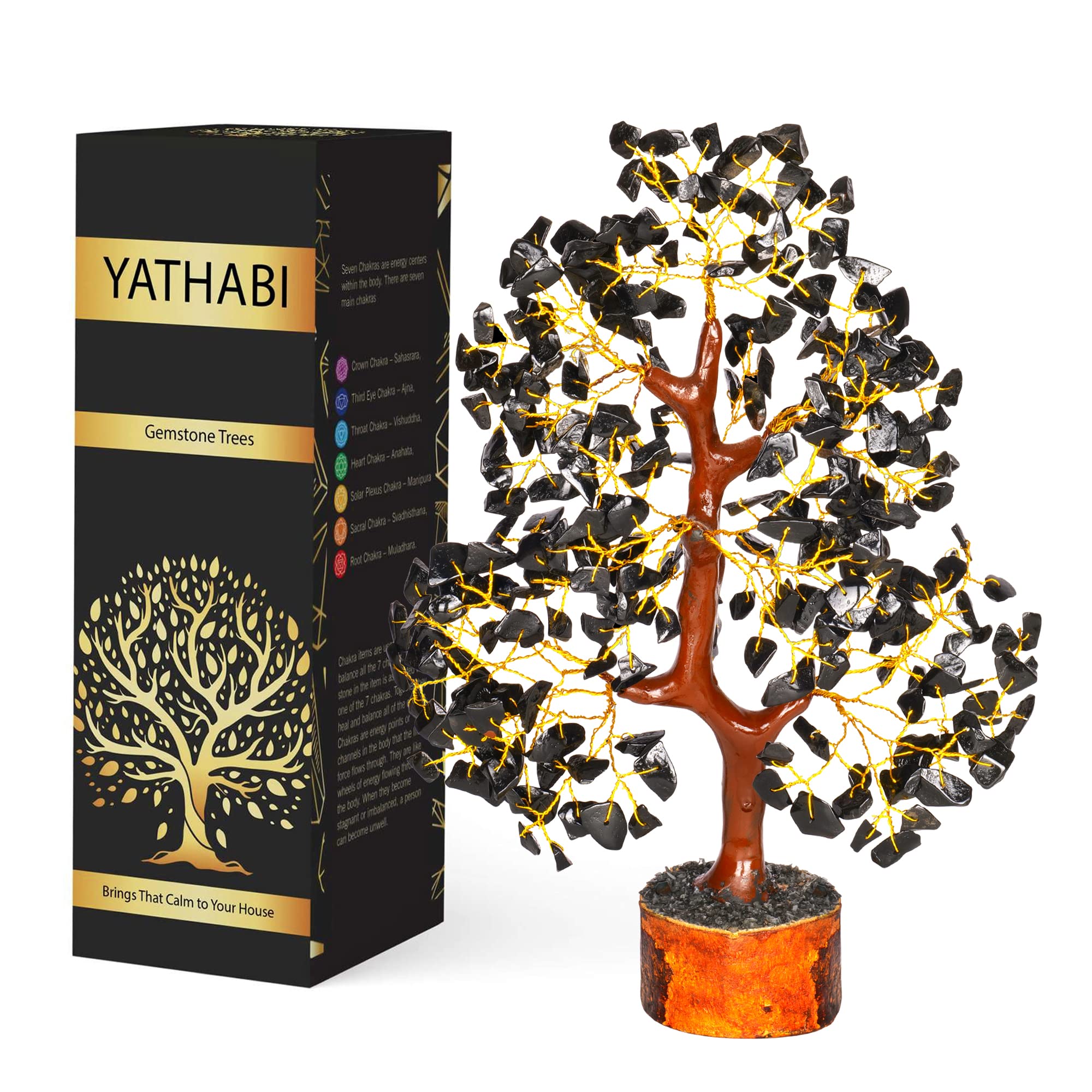 YATHABI Black Tourmaline Golden Wire Handmade Gemstone Tree Feng Shui Bonsai for Attracting Positive Energies Chakra Balancing Aura Cleansing Crystal Healing Home Décor Size Approx. 10-12 Inch…