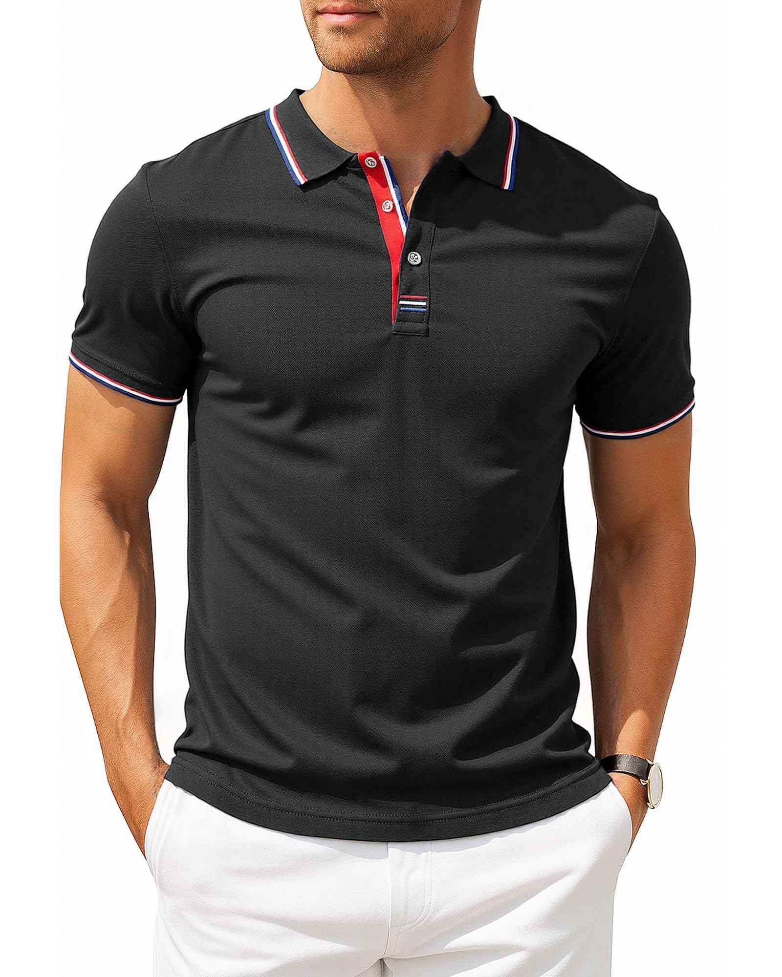Photo 1 of Mens Polo Shirts Solid Short Sleeve Slim Fit Workout Polo Shirts Black