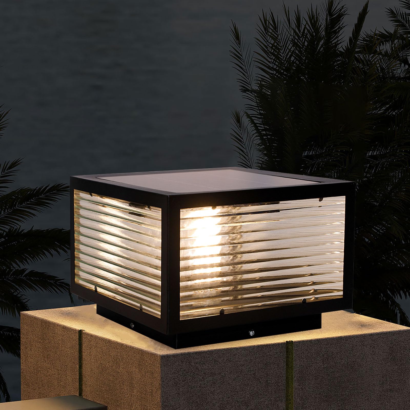 Photo 1 of **DIRTY*** HFQTFGRH Outdoor Solar Post Light, 9.84"x9.84" Modern LED Fence Deck Cap Light Lantern Column Lamp for with Water Pattern Glass Fence Gate Porch Deck Lawn Path Lamp with IP54 Waterproof E26~E27 Base