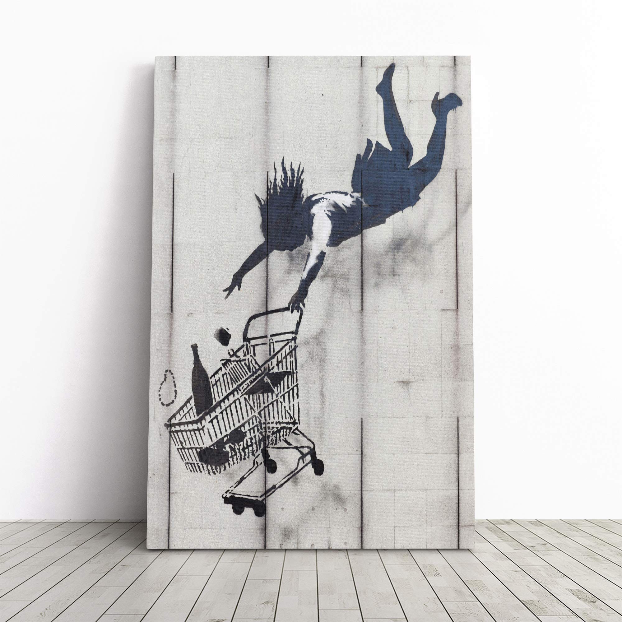Shop Until You Drop Banksy Graffiti Wall Art Canvas Print | Gallery Wrapped 30mm Frame Wall Decor | 20x14 inches | Ready to Hang | Pop Art Picture | Living Room Bedroom Lounge Office