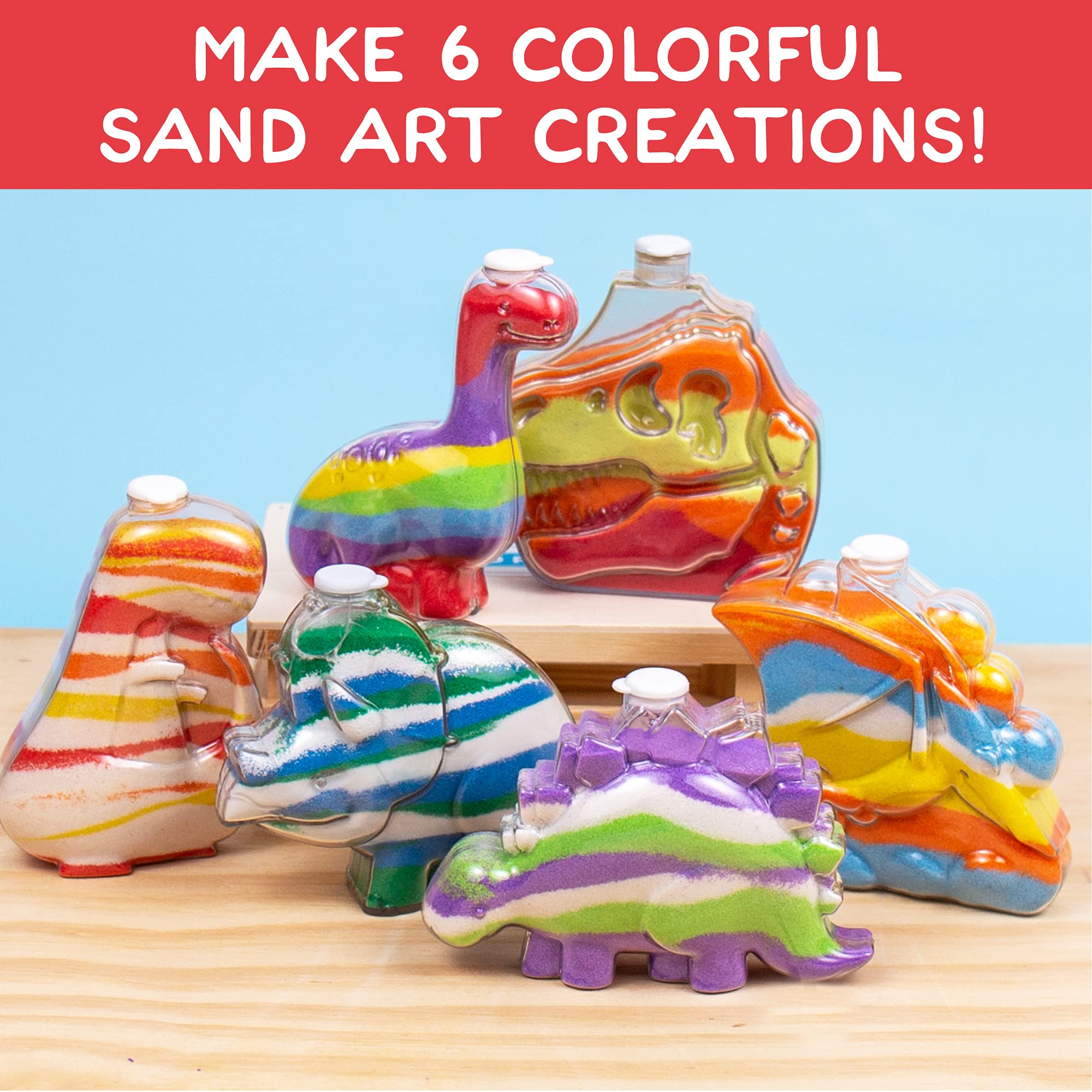 Made By Me Create Your Own Dinosaur Sand Art by Horizon Group USA, Includes 6 Dino-Themed Bottles with Caps, 8 Sand Colors, Glitter, Funnel & More, Multi