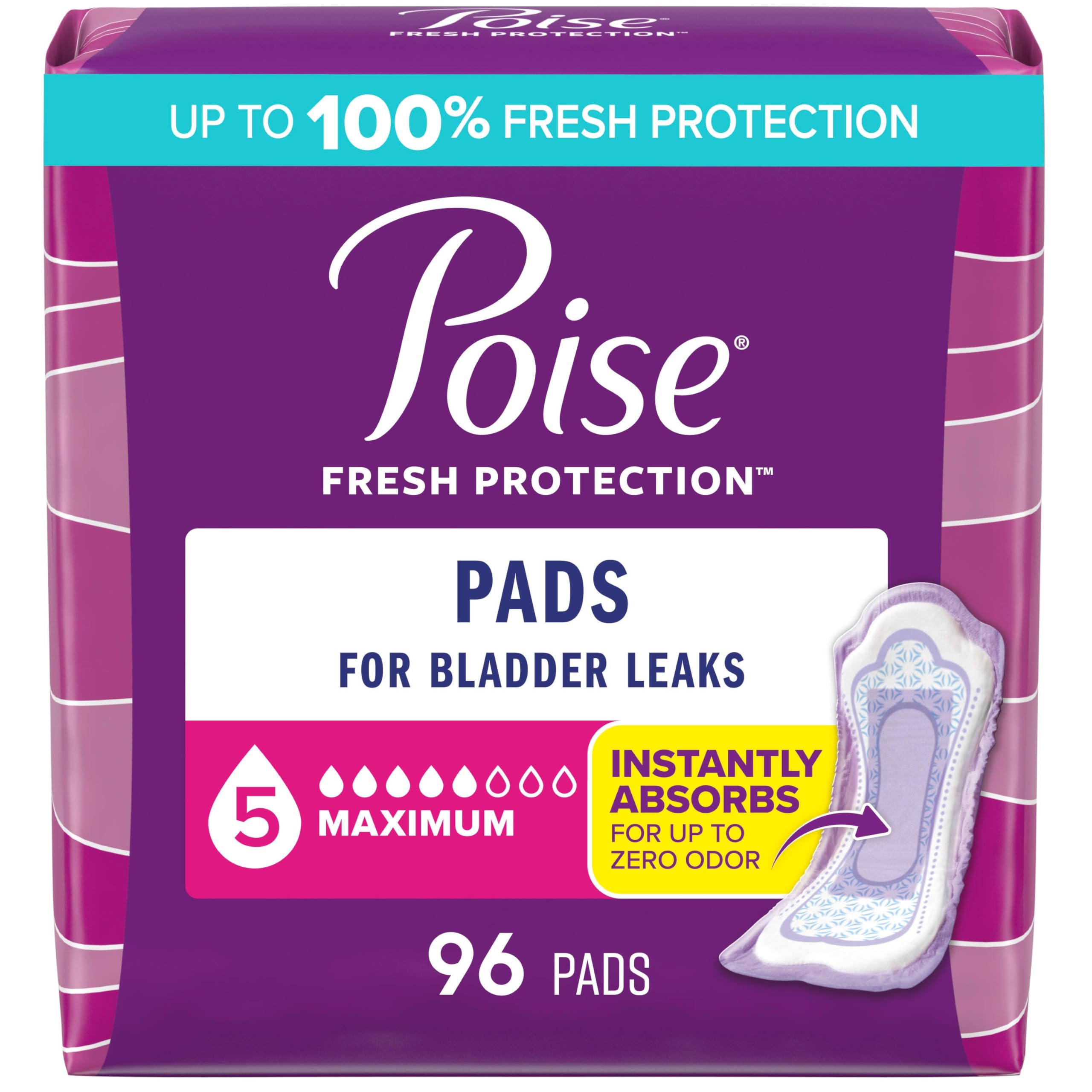 Photo 1 of Poise Incontinence & Postpartum Pads for Bladder Leaks, 5 Drop Maximum Absorbency, Regular Length, 96 Count, Packaging May Vary