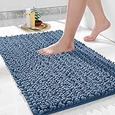 Yimobra Bathroom Rugs Non Slip Washable - Ultra Soft Absorbent Chenille Bath Mat, Quick Dry Shaggy Floor Carpet for Tub Shower, Denim Blue Home Decor Accessories, 24x17 Inch