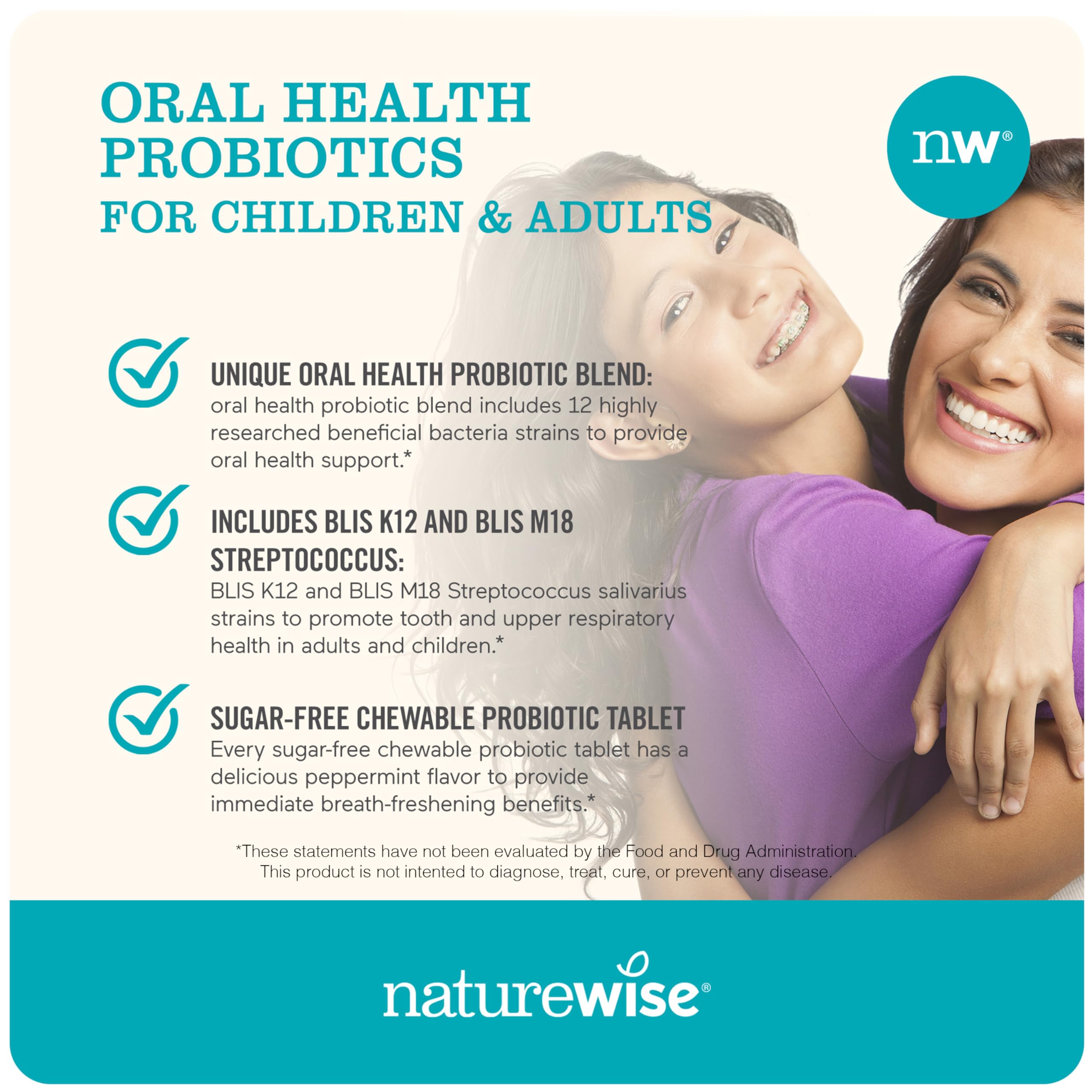 NatureWise Oral Probiotics for Teeth and Gums + Fresh Breath* - Chewable Sugar-Free Mint Tablet - Lactobacillus reuteri Chewable - Oral Health Probiotics For Kids & Adults - 50 Count[50-Day Supply]