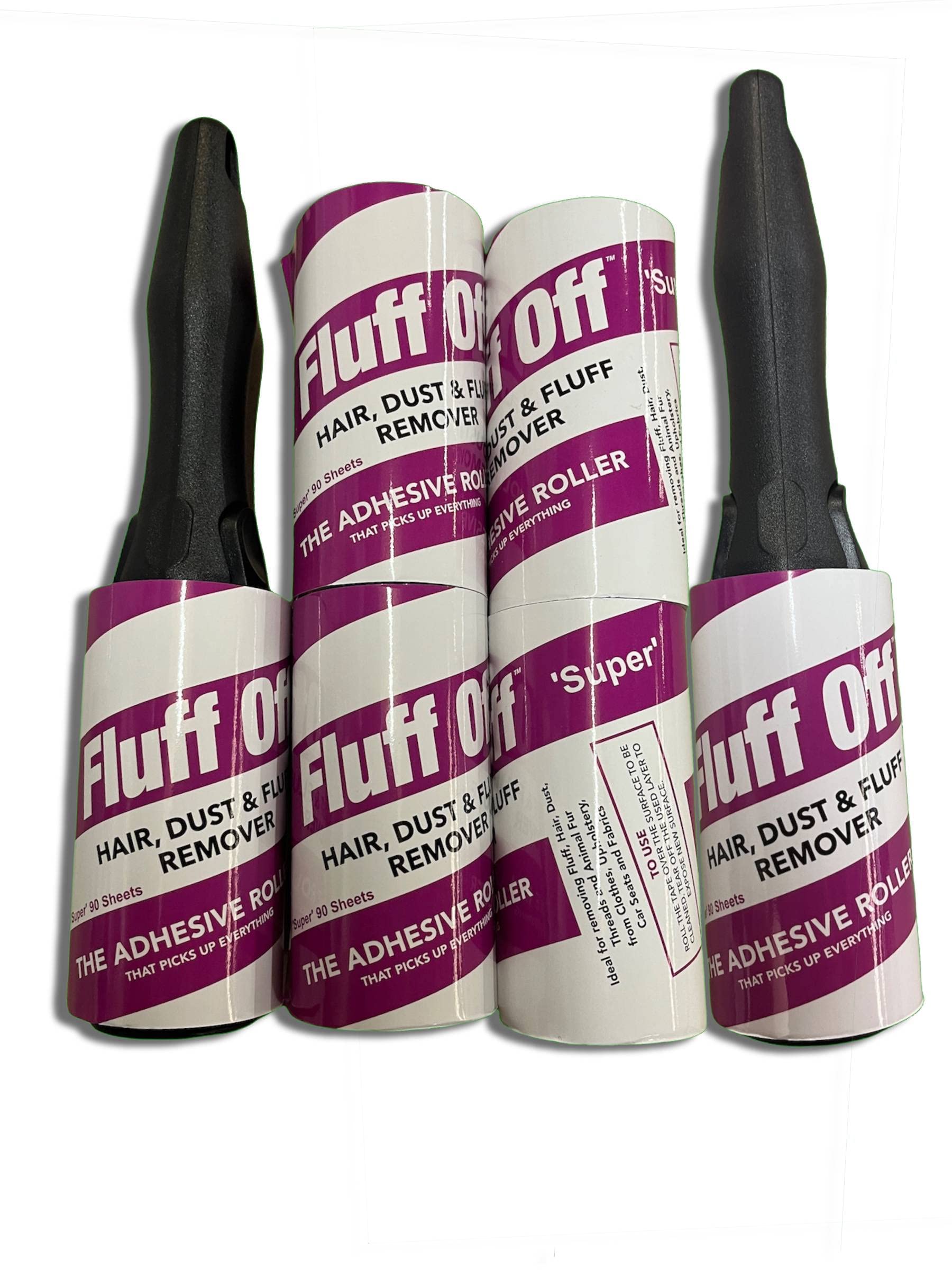 Fluff Off Lint Roller & Refill Set 2 Handles & 6 x 90 Sheet Refills. Removes Pet Hair, Fluff & Dust from Clothes, Upholstery and Carpet - 540 Total Sheets