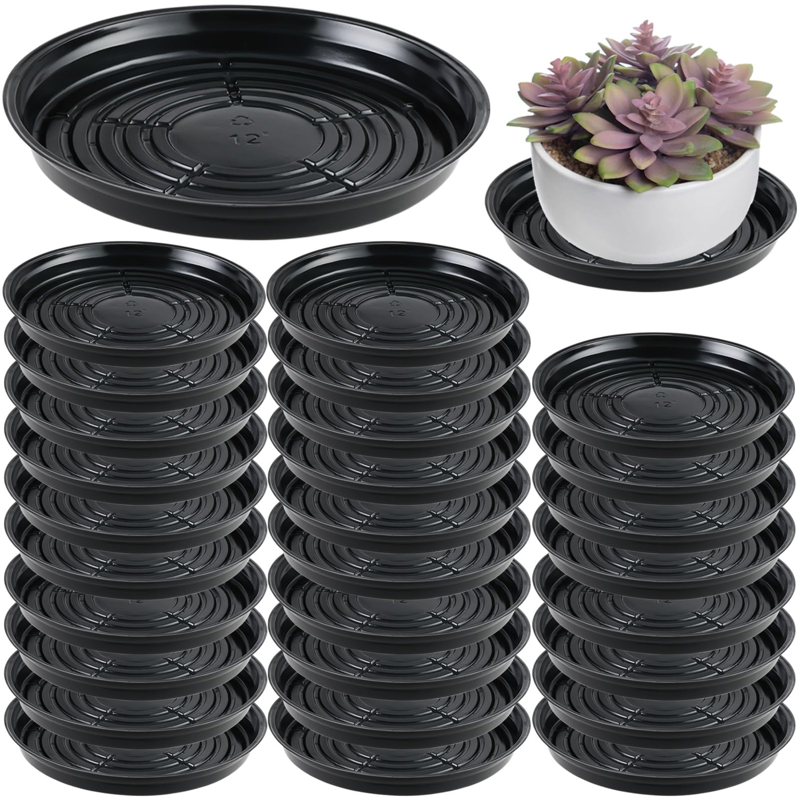 Photo 1 of 30 Packs 12 Inches Large Plant Saucers for Indoor Outdoor Use Heavy Duty Plastic Plant Plate Dish for Planter Bulk Round Flower Pot Drip Trays to Catch Water 4 to 20 Inch, Black