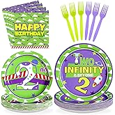 Greencian 96Pcs Cartoon Story Party Supplies 2nd Birthday Plates and Napkins Disposable Space Adventure theme Tableware Set for Astronaut Robot Toy Cartoon 2nd Birthday Party Decorations Serves 24
