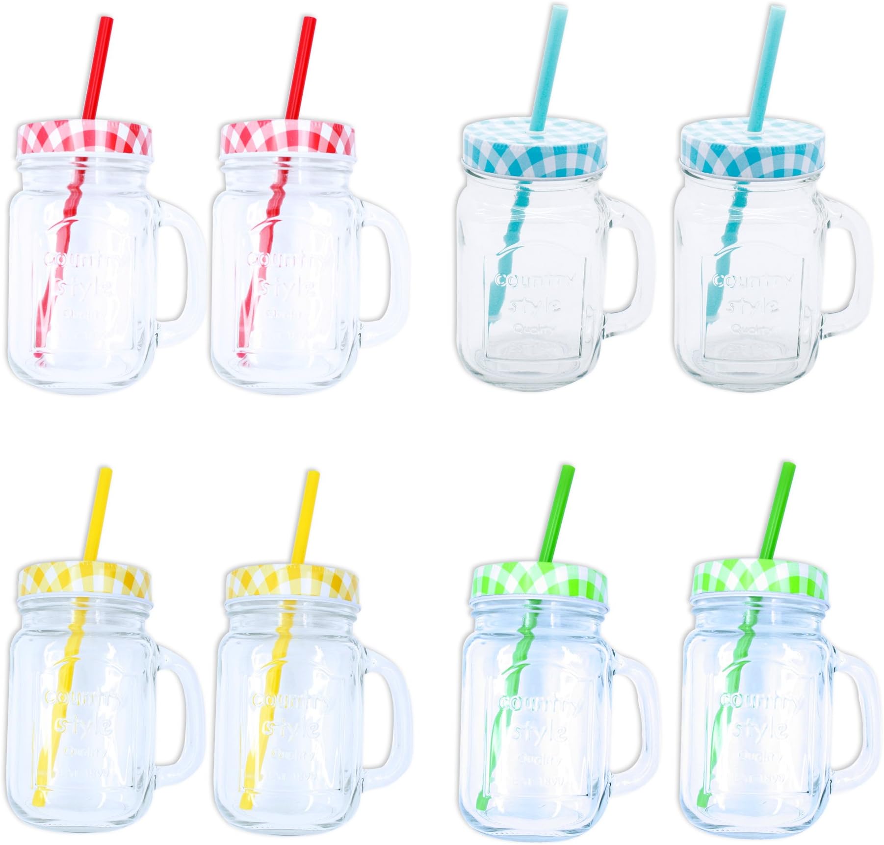 Set of 4, 8 CountryII drinking glasses (with handle, lid, and straw) Set of 8