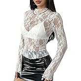 FEOYA Lace Long Sleeve Tops for Women Floral Mesh Sheer Shirt Sexy Mock Neck See Through Undershirt Western Going Out Outfit