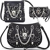 Punk Gothic Rock Metallic Skull Chain Purse Skeleton Leather Shoulder Bag Crossbody Bag Satchel Women Handbag Wallet Set
