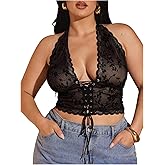 MakeMeChic Women's Plus Size Lace Sheer Halter Crop Tops Deep V Neck Open Back Lace Up Party Corset Tops