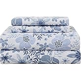 Mooreeke King Size Sheets Set - 4 Piece Soft Breathable Microfiber Bed Sheet Set - Blue & White Flower Pattern Sheet Set King - Deep Pocket Non-Slip Floral Fitted Sheet Included for All Season