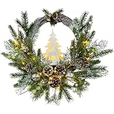 Svndlyn Flocked Christmas Wreath with Silver Ornaments Reindeer and Timer | Warm White Lights, Frosted Pinecones, Silver Ornaments and Jingle Bells for Door, Wall, Mantel or Covered Porch