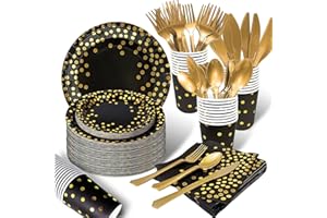 AIRE 175PCS Black and Gold Paper Plates Party Supplies for 25 Guests Disposable Party Decorations Dinnerware Golden Dot Black Paper Plates Napkins Cups Gold Plastic Forks Knives Spoons for Parties