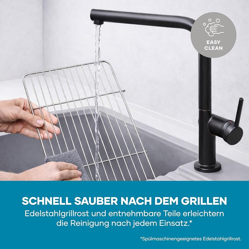 Elektrogrill mit Standfuß, einstellbare Temperatur 35-200 Grad Celsius, schnelles Aufheizen, 38x22cm, Tischgrill mit Auffangschale, Edelstahl-Grillrost, Balkongrill, 2000W, schwarz, PG 8594