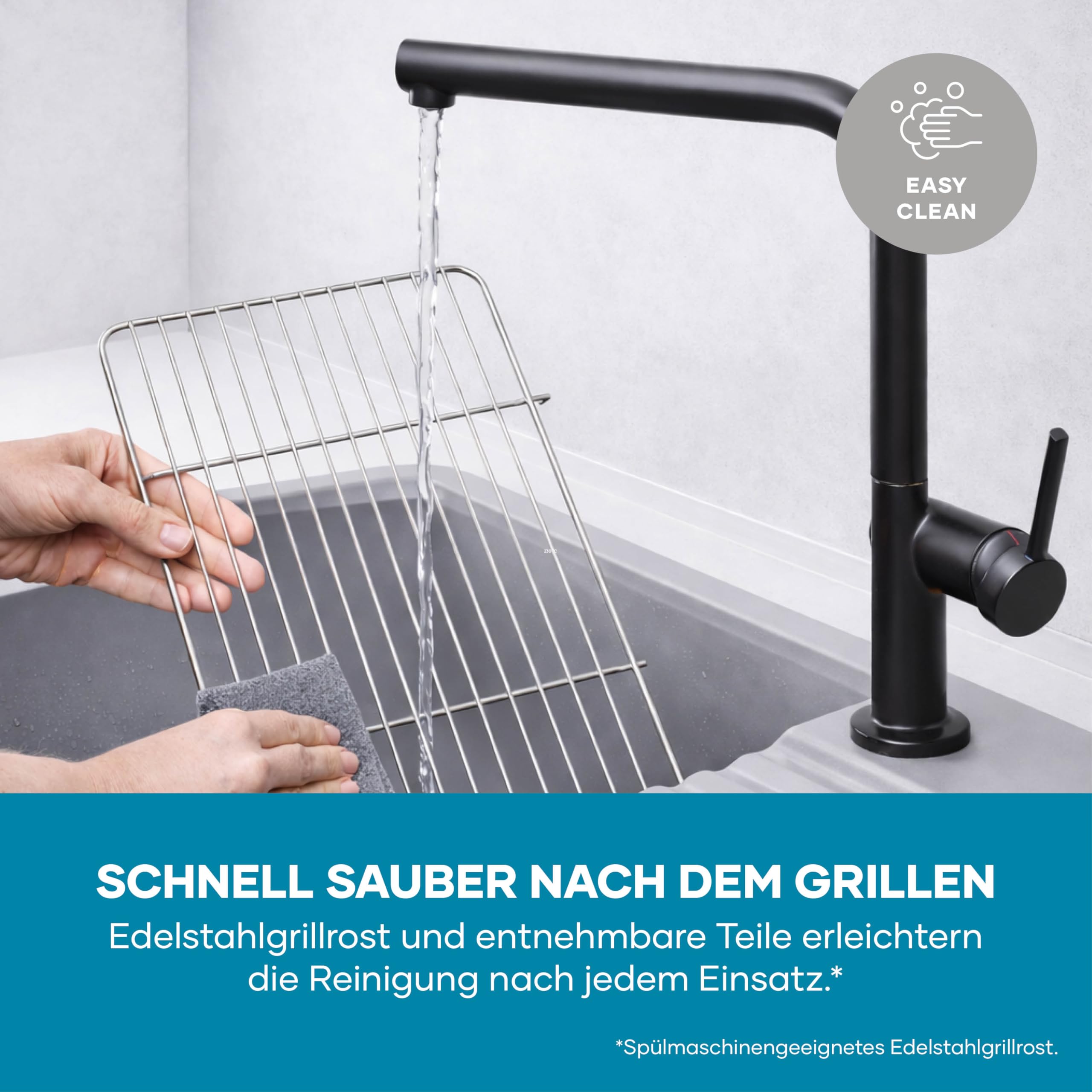 Elektrogrill mit Standfuß, einstellbare Temperatur 35-200 Grad Celsius, schnelles Aufheizen, 38x22cm, Tischgrill mit Auffangschale, Edelstahl-Grillrost, Balkongrill, 2000W, schwarz, PG 8594