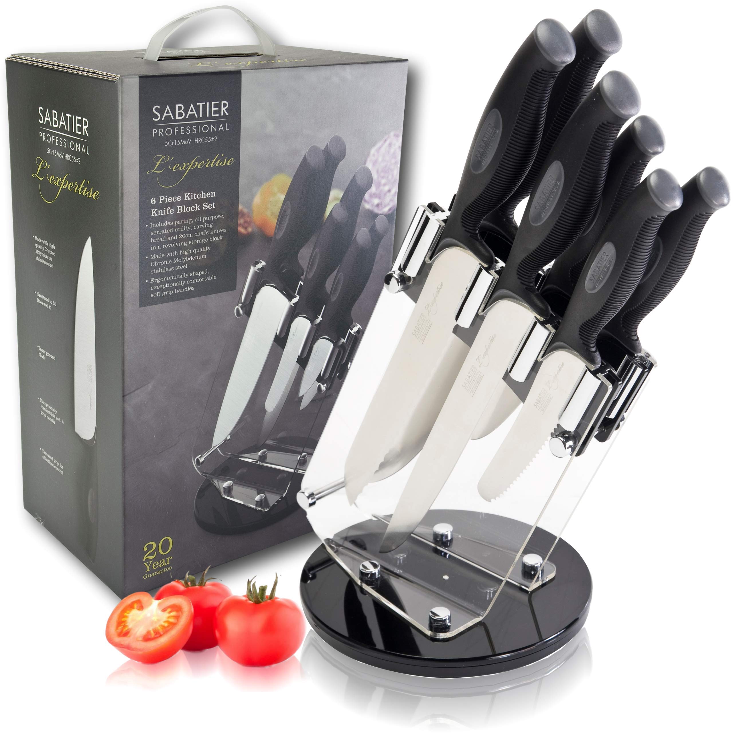 Sabatier Professional Lâ€™Expertise 6pc Revolving Knife Block Set - Chrome Molybdenum Stainless Steel, Finely Ground Razor Sharp Blades. Ergonomic Soft Grip Handles. 20 Year Guarantee.