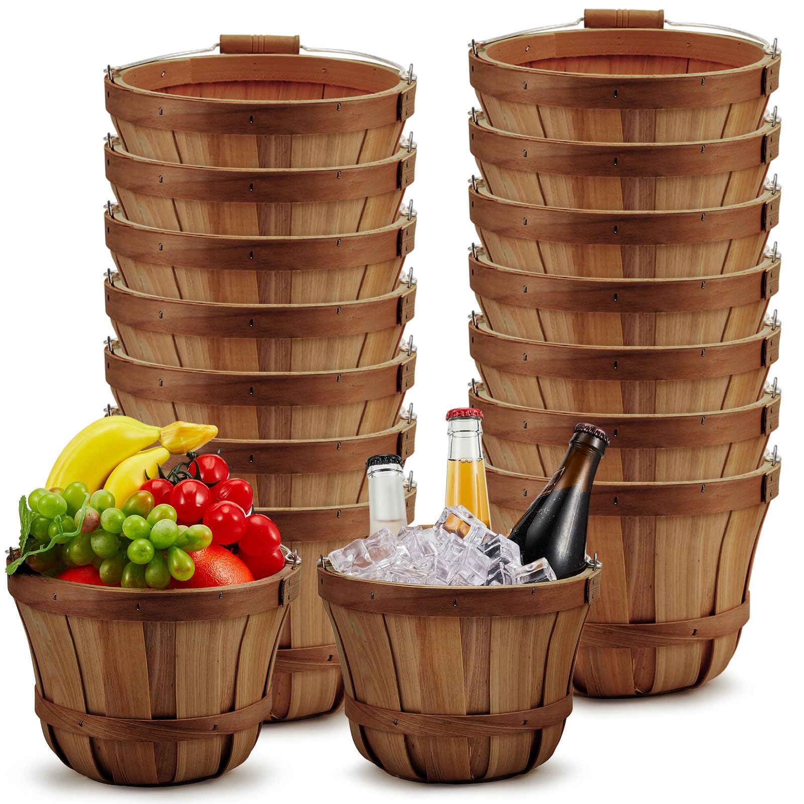 Photo 1 of Marsui 10 Pcs 5.9 x 7.5'' Round Wooden Baskets Easter Portable Wood Fruit Buckets with Handles Garden Harvest Basket Fruits Vegetables Storage Container Party Supplies(Dark Brown)