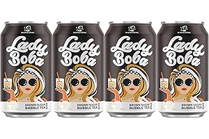 (Pack of 4) Lady Boba 4 Cans. Milk Bubble Tea with Boba Pearls in a Can (10.7oz/can) with Thank You Card. Choose One from Variety of Flavors: Assorted, Classic, Brown Sugar, Taro, Matcha Latte. Ready To Drink Beverage. (Brown Sugar)