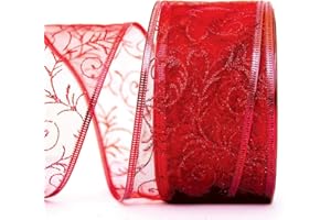 OLYPHAN Red Gift Ribbon Wired Christmas Wire Edged Ribbons 2.5 Inches Wide x 50 Yards for Xmas Tree Organza Sheer Glitter Gift Wrap, Crafts, Decor, Holiday Wrapping/Craft & Flowers Valentines Day Large Roll
