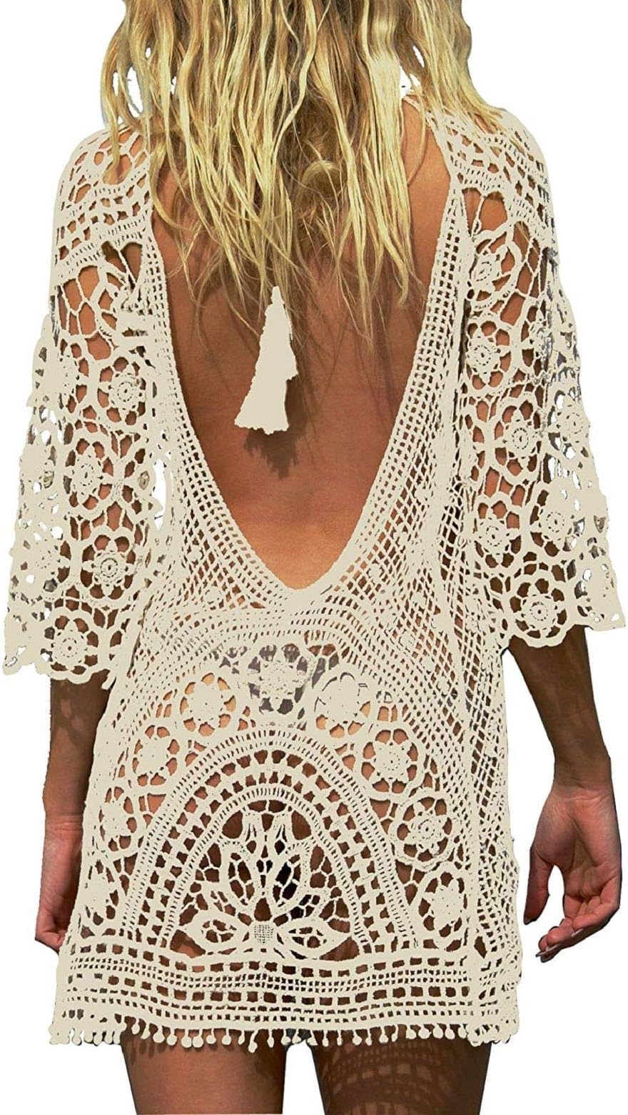Womens Hollow Out Beachwear V Neck Coverups Oversized Short Sleeve Beach Dress Loose Bikini Swim Bathing Suit