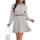 baronshion Womens Striped Shirt Dress Long Sleeve Collared Ruffle Hem Dresses with Button Loose Fit Casual Work Mini Dress