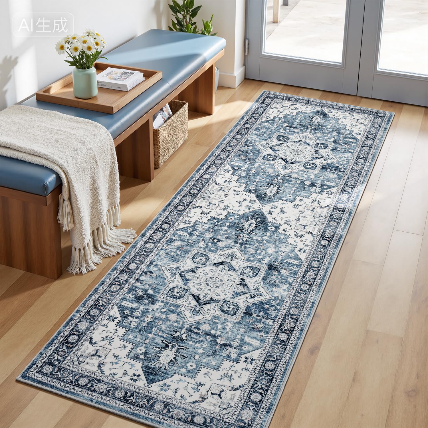Lessymo Washable 2x6 Hallway Runner Rug for Entryway Bedroom, Soft Kitchen Area Rugs Non Slip for Bathroom Living Room Laundry Room, Long Vintage Boho Floor Carpet Stain Resistant Low Pile, Blue White Image
