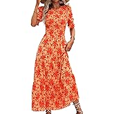 BTFBM Women Casual Summer Dresses 2026 Spring Crew Neck Ruffle Short Sleeve Smocked Floral Boho Flowy Maxi Dress Clothes