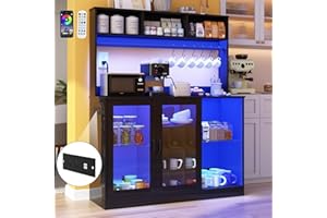 Vinctik 6&Fox Farmhouse LED Coffee Bar w/60000-color Lights,Power Outlet,7 Hooks,9Wink Racks,Adjustable Shelf for Tea Liquor Wine.Sliding Glass Door