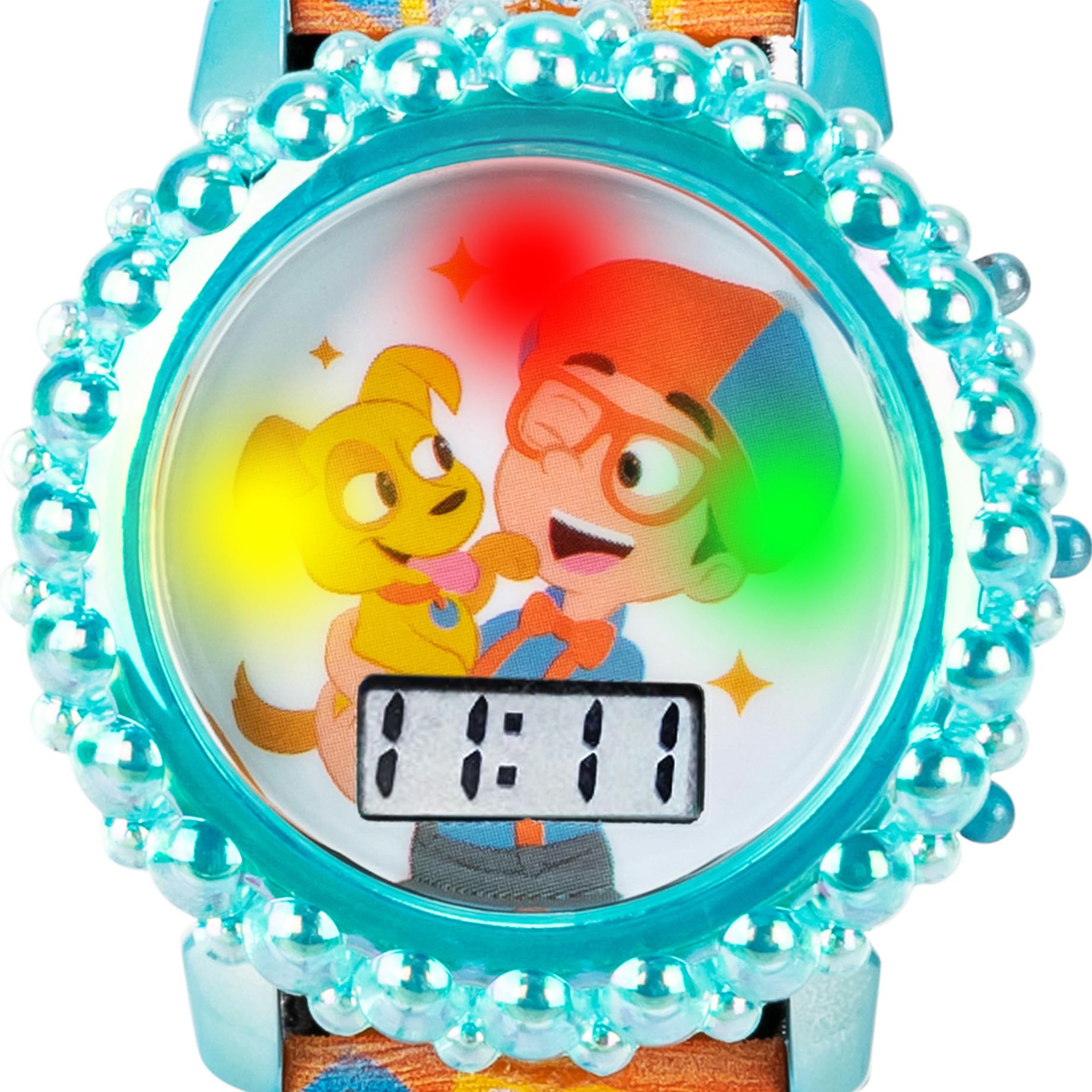 Accutime Blippi Educational LCD Watch for Kids - Flashing LED Lights, Colorful Learning Accessory, Comfortable Strap, with Bonus Gift Tin