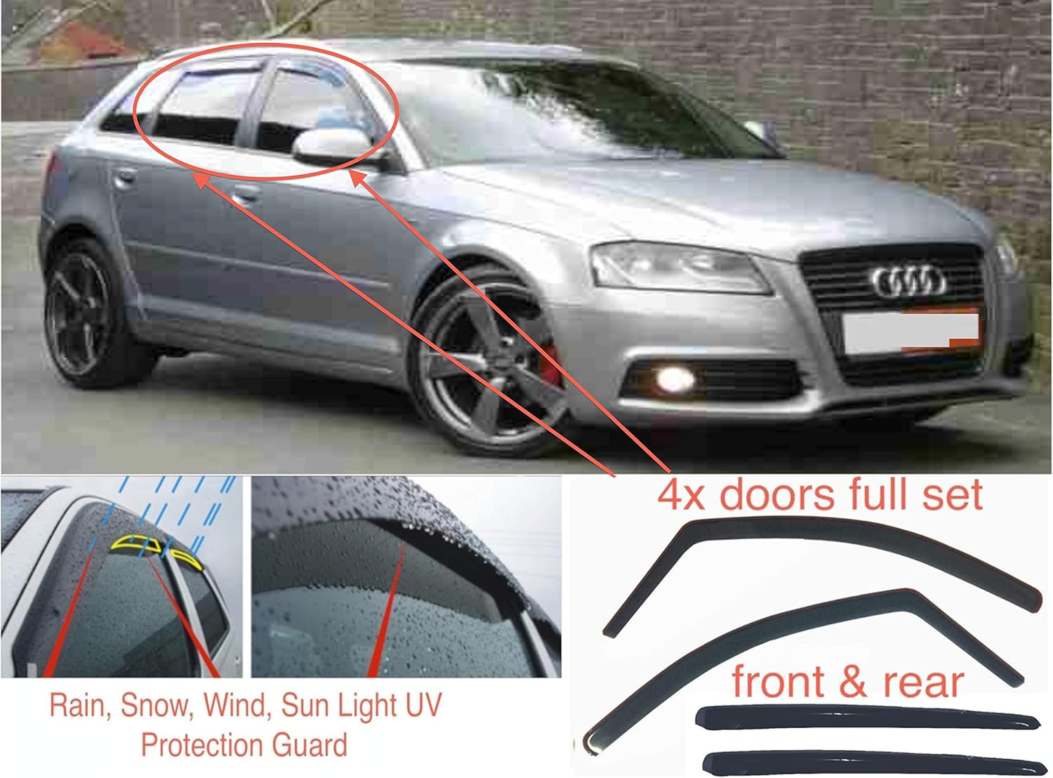 4x Wind Deflectors Compatible with AUDI A3 S3 RS3 Mk2 5Door 2003 2004