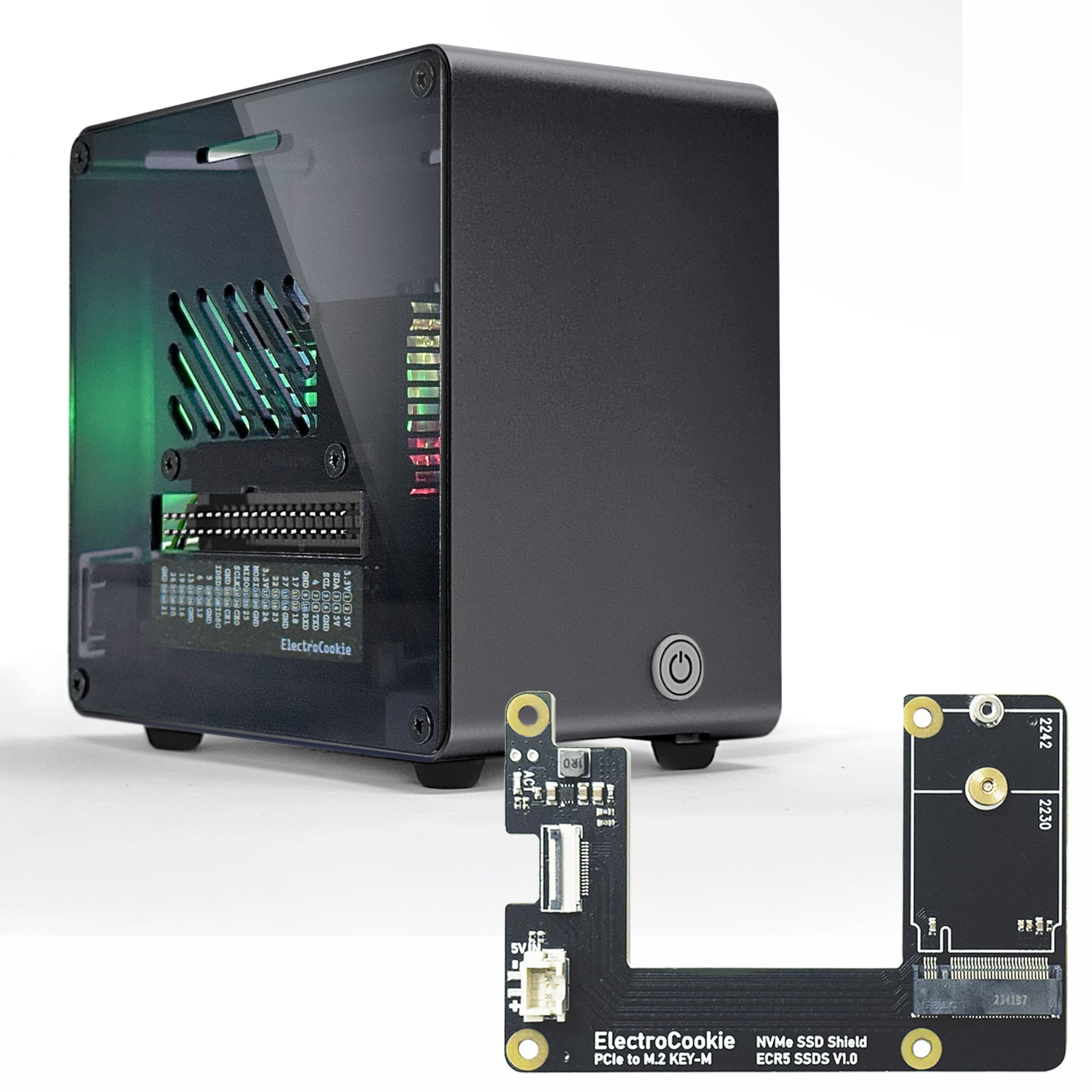 Photo 1 of (SMALL) (PARTIAL SET) ElectroCookie Raspberry Pi 5 Case, Aluminum Mini Tower Case with M.2 NVMe SSD PCIe HAT and Active RGB Lighting Cooler (Black)