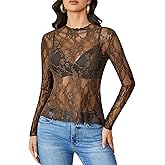 Avidlove Women's Mesh Top Long Sleeve Mock Neck Sheer Blouse See Through Floral Lace Tops
