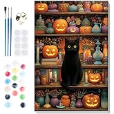 Bowetile Halloween Framed Paint by Numbers Kit for Adults, Painting by Numbers Black Cat Kits on Canvas, Acrylic Bookshelf Number Painting Halloween Gifts for Home Wall Decor, 8x12in