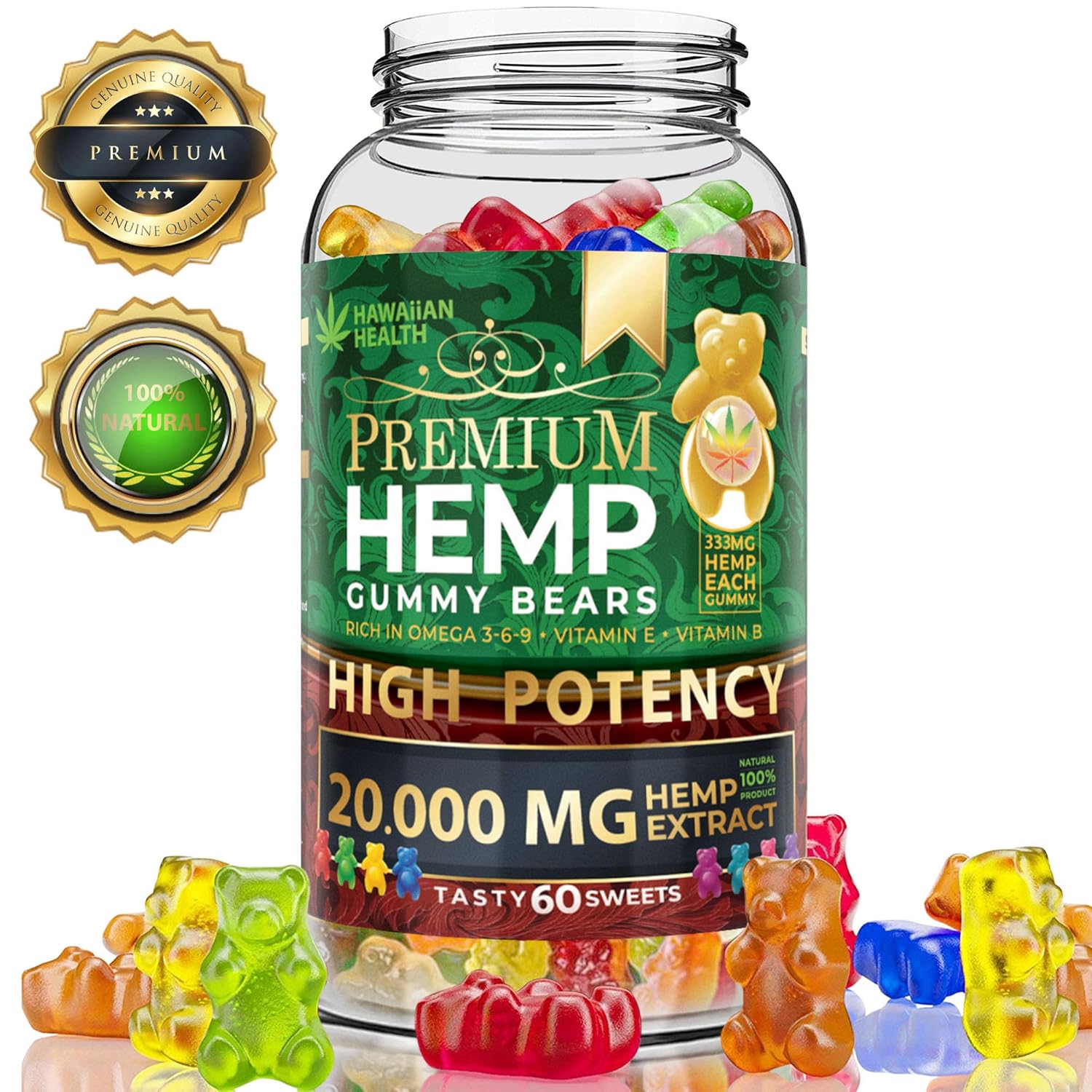 Hemp Gummies Premium 20000 Mg High Potency - 150 Mg Per Fruity Gummy Bear with Hemp Oil | Natural Hemp Candy Supplements for Pain, Anxiety, Stress & Inflammation Relief | Promotes Sleep & Calm Mood