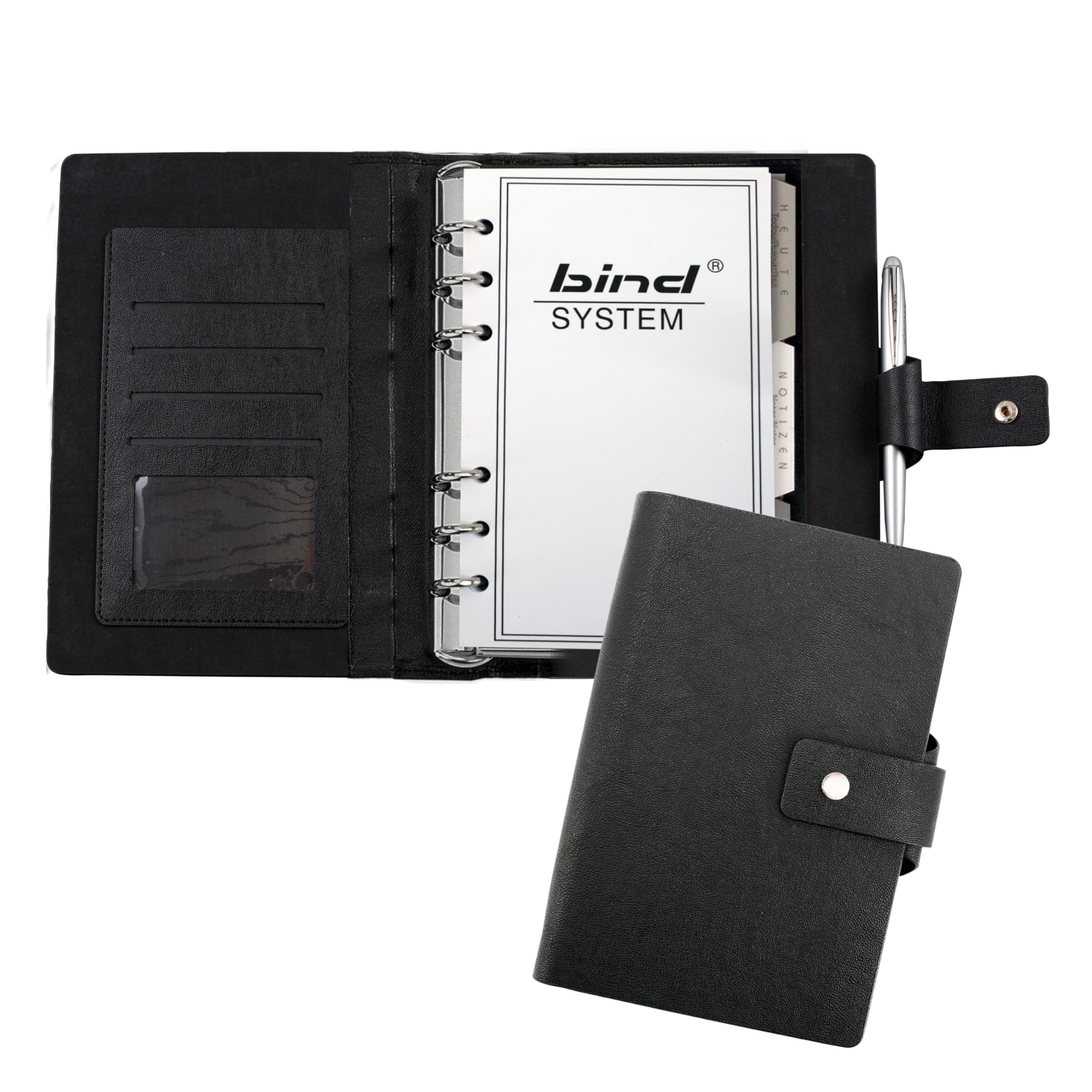 bind 16800 Notebook Folder with Ring Mechanism A6 Imitation Leather Ring Binder Black Imitation Leather Notebook Approx. 19 x 13.5 x 2.5 cm Faux Leather Folder with Lined Notepad