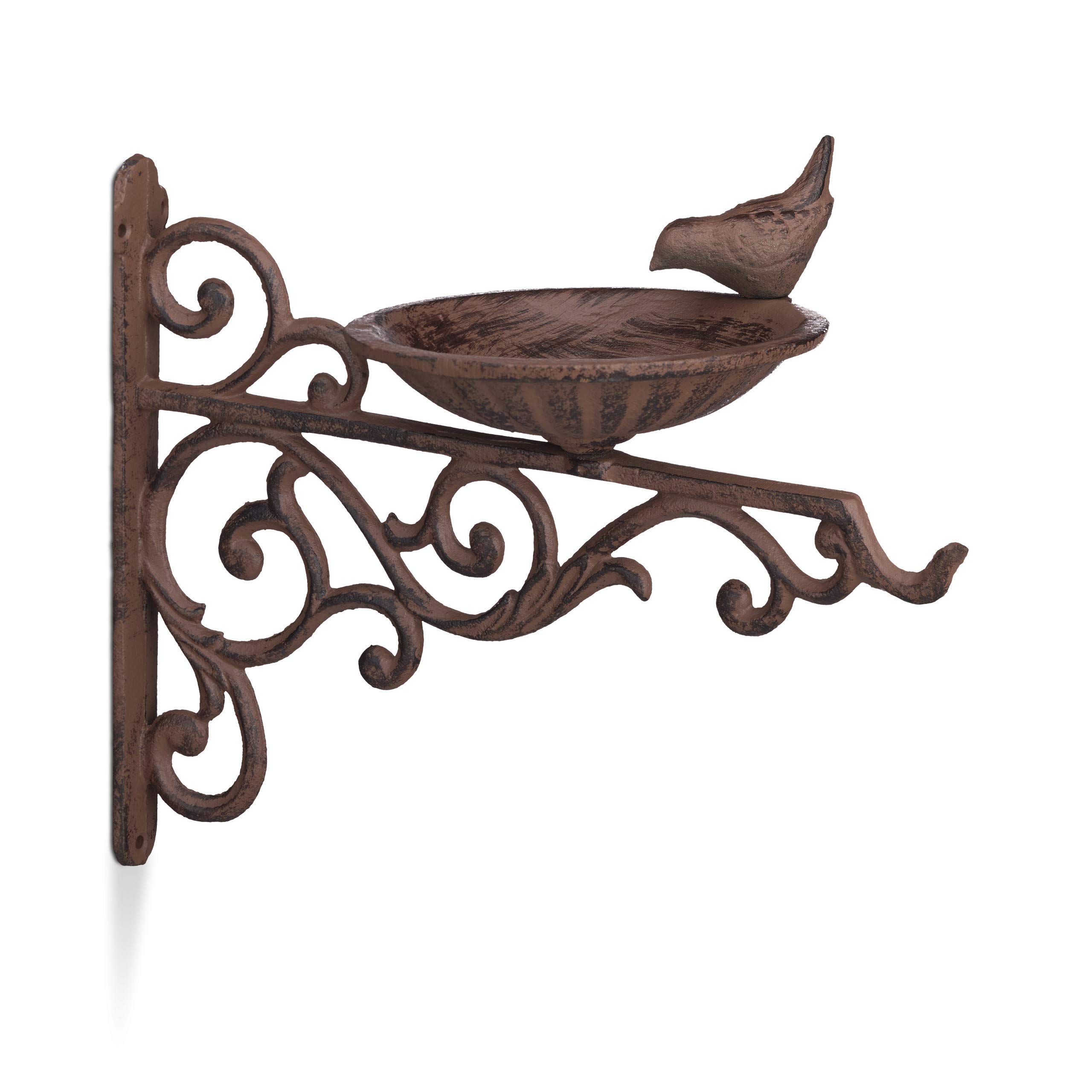 Relaxdays Cast Iron Bird Bath, Wall-Mount, Weatherproof, Stainless, Wild Bird, Garden Decor, HxWxD 24 x 28 x 14cm, Brown