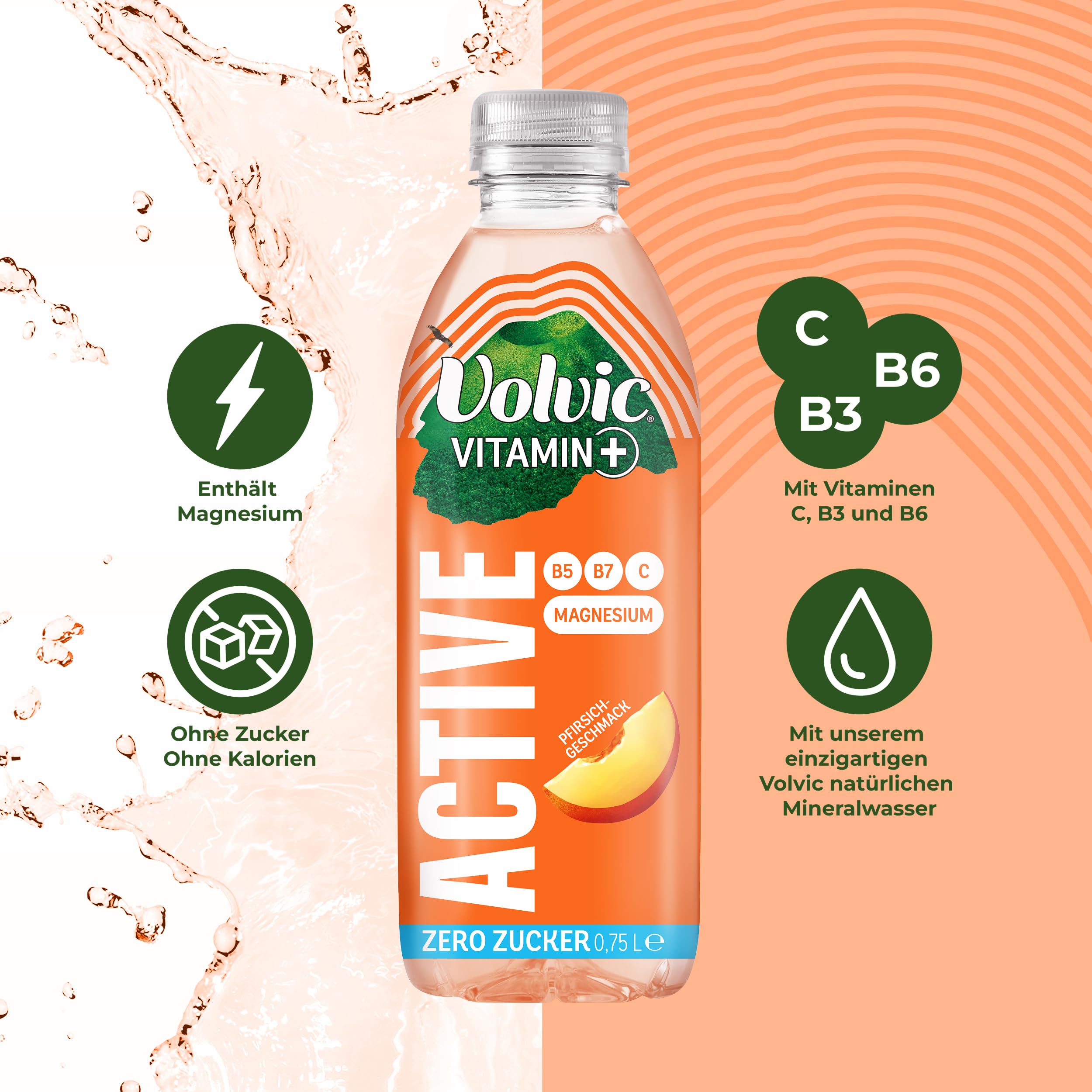 Volvic Vitamin+ Active Pfirsich – Erfrischungsgetränk mit Koffein, Magnesium und Vitaminen – Ohne Zucker und ohne Kalorien – 6 x 0,75 l 4