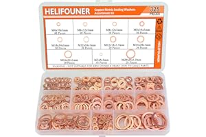 325 Pieces Copper Washers, HELIFOUNER 11 Sizes Copper Metric Sealing Washers, Flat Washers Assortment Kit (M5 M6 M8 M10 M12 M14 M16 M20)