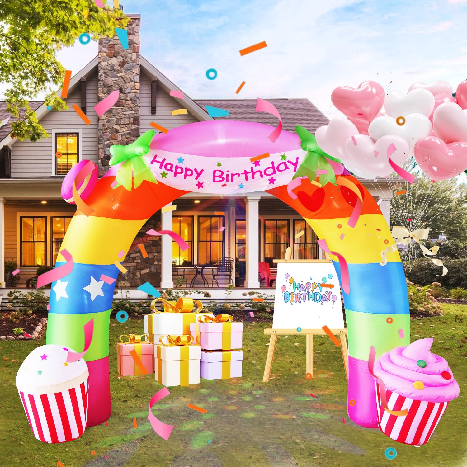 Photo 1 of HZGDEJTG 11FT Birthday Arch Birthday Party Outdoor Inflatable Decoration, Outdoor Inflatable Decoration with LED Lights, Birthday Inflatable Decoration for Garden, Patio, Lawn
