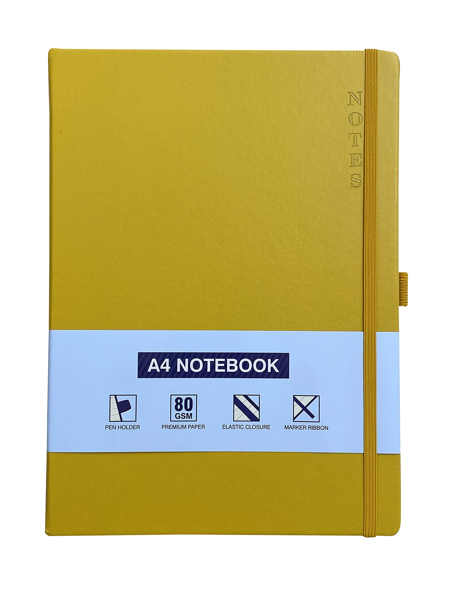 A4 Notebook Hardback Ruled Notepad Notes Lined Journal Diary with Pen Holder Premium Quality Casebound Book (Yellow)