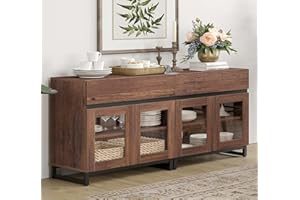 WAMPAT 63'' Multifunctional Sideboard Buffet Cabinets with 4 Glass Doors, Modern Sideboard Credenza, Coffee Bar Storage Cabin