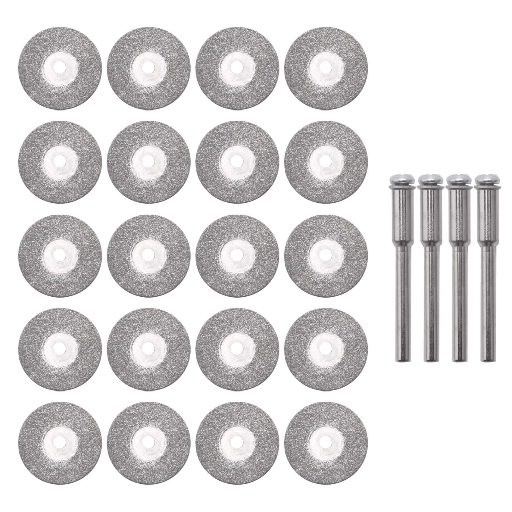 FTEYJEUIOTY 20 Pieces 22 Mm Diamond Cutting Wheel Cut Off Discs Coated Rotary Tools with 4 Pack Mandrel Rotary Tool for Drill