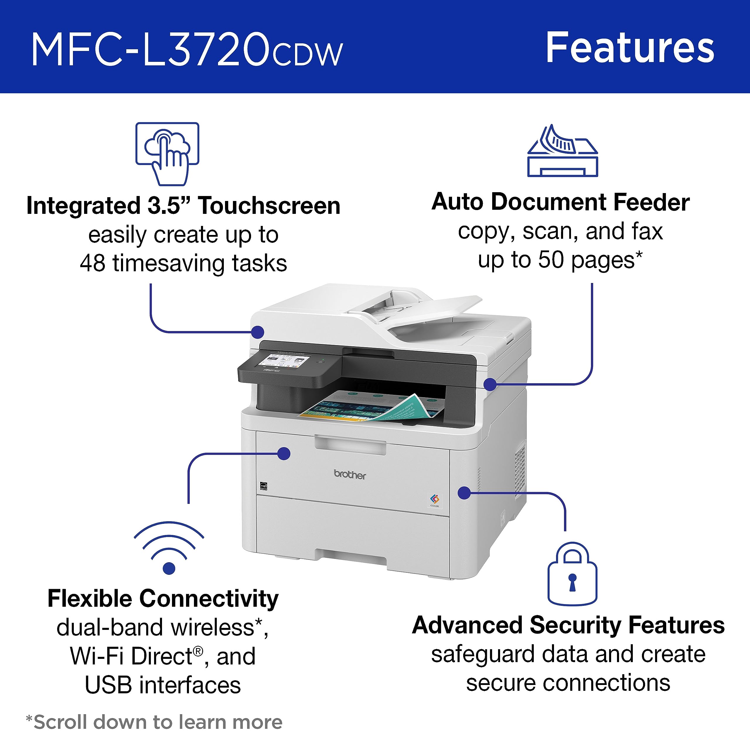Brother Color Laser Printer All-in-One with Scanner, Copier and Fax - Professional Wireless Business Printer with Auto Duplex and 250-Sheet Capacity for Small Office (MFC-L3720CDW)
