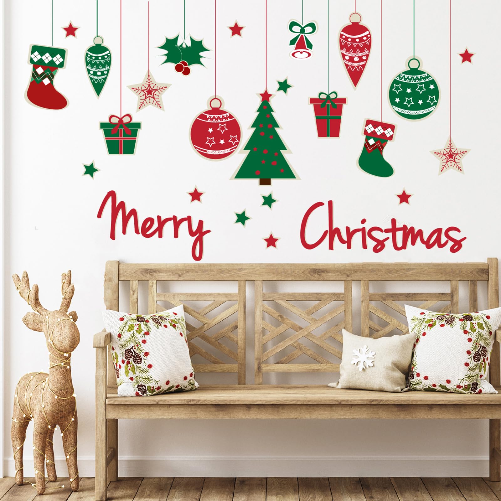 Merry Christmas Wall Decals Red Xmas Tree Snowflake Christmas Wall Stickers Removable Peel and Stick Art Murals for Bedroom Nursery Classroom Kids Room Christmas Party Decoration (Christmas)