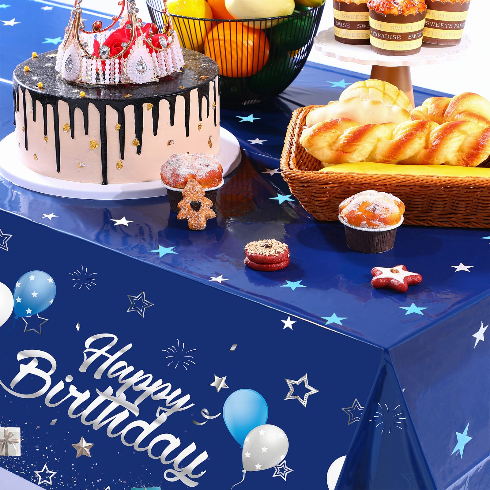 Tegeme Navy Blue Party Supplies Stars Happy Birthday Tablecloths Starry Confetti Table Covers for Kids Boys Girls Baby Shower Birthday Party Decorations(Navy Blue and Silver,3 Pack)