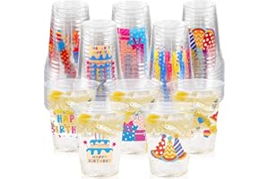 CUPLOOV 50pcs Happy Birthday Cups for Kids, 12 oz Colorful Disposable Plastic Cups for Boys Girls Birthday Party Decorations Favor Supplies, 5 Designs