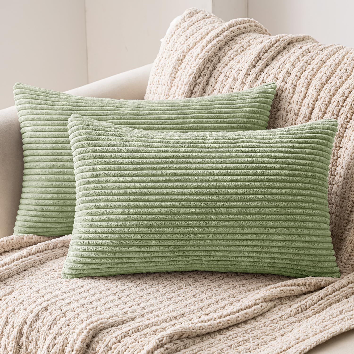 MIULEE Set of 2 Striped Corduroy Square Throw Pillow Case Soft Cushion Covers Sham Home for Sofa Couch/Bedroom Decorative Fluffy Large Pillowcases 12x20 Inch 30x50cm Sage Green