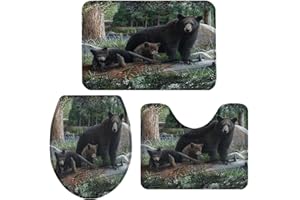 Cloud Dream Home 3 Pieces Bathroom Rug Set Rustic Black Family Bears & Cubs 20x32in Non-Slip Absorbent Rug 16x20in U-Shape Contoured Toilet Mat Wild Animal Forest 16x18in Toilet Lid Cover, Large