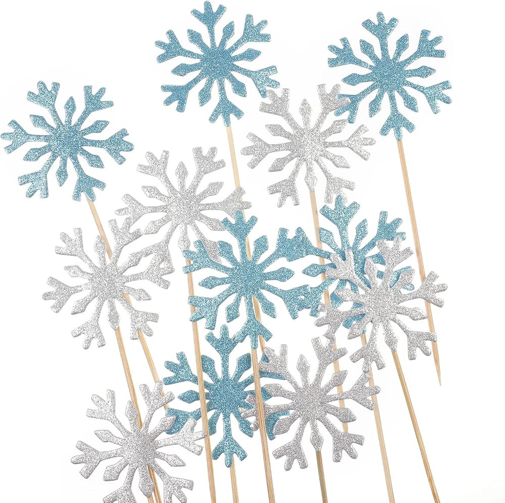 Aidi Frozen Cake Toppers 20pcs Snowflake Blue & Silver Party Decorations